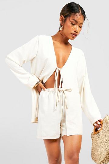 Cream White Hammered Tie Front Blouse & Relaxed Fit Shorts