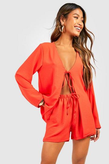 Hammered Tie Front Blouse & Relaxed Fit Shorts red orange