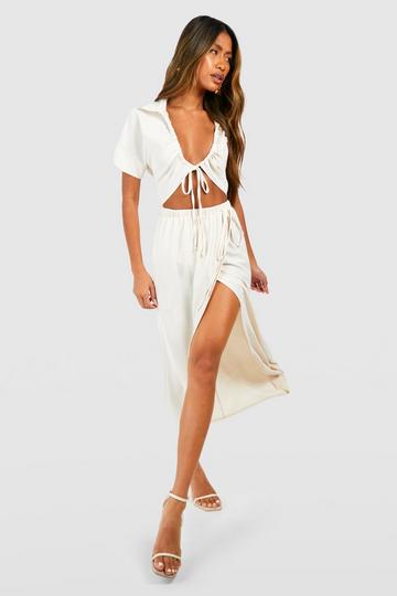 Cream White Hammered Ruched Front Shirt & Wrap Midaxi Skirt