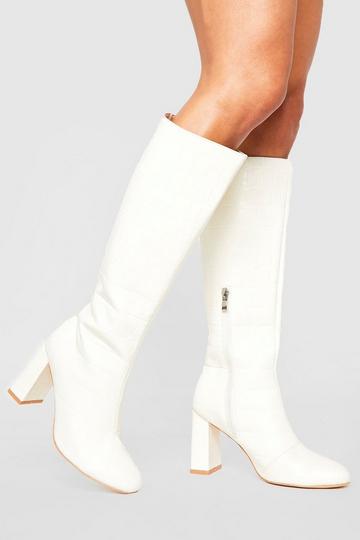 White Wide Width Croc Knee High Round Toe Boots