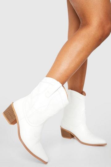 Wide Width Stitch Detail Ankle Cowboy Boots Pu white