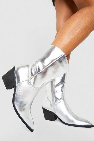 Wide Fit Metallic Western Ankle Cowboy Boots silver