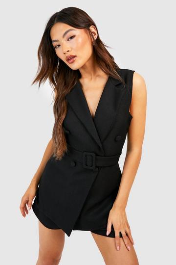 Textured Button Front Belted Sleeveless Blazer black