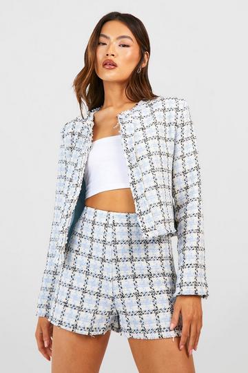 Blue Pastel Tweed Frayed Edge Cropped Blazer