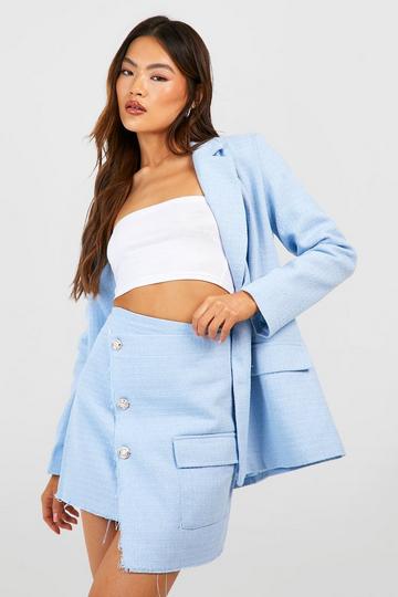 Tweed Button Front Frayed Edge Asymmetric Mini Skirt powder blue