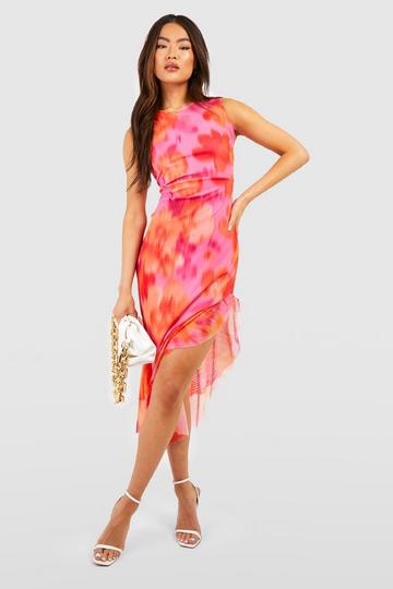 Mesh Blurred Floral Ruffle Midi Dress pink