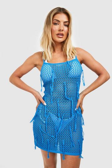 Tassel Detail Crochet Beach Mini Dress turquoise