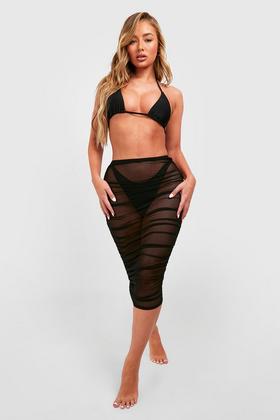 Black Ruched Mesh Midi Beach Skirt
