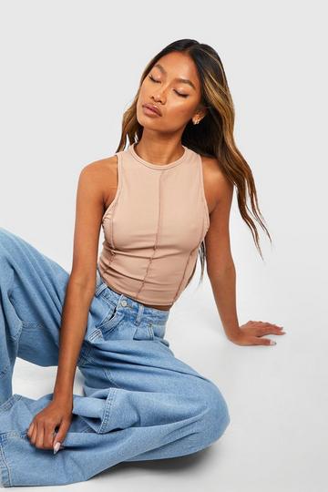 Exposed Seam Ribbed Cropped Racer Tank Top camel