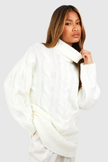 Chunky Cable Knit Roll Neck Oversized Jumper ivory
