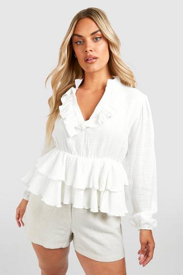 Plus Frill Cheesecloth Peplum Top white