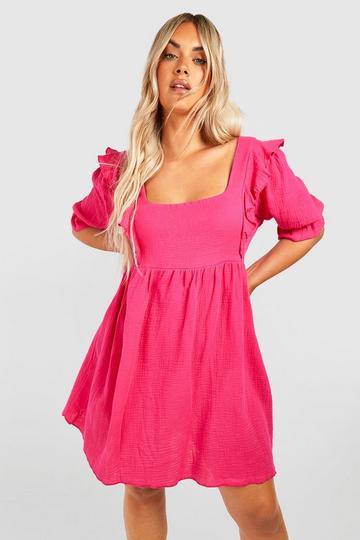 Plus Cheesecloth Frill Smock Dress hot pink