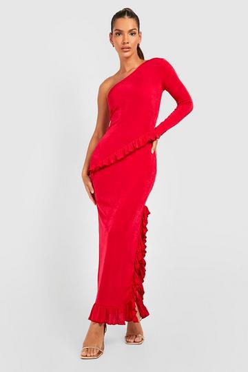 Red Textured Slinky Ruffle One Shoulder Maxi Dress