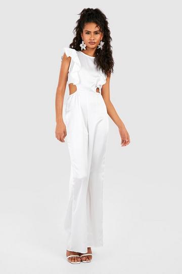 White Ruffle Satin Cut Out Jumpsuit