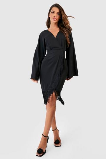 Tassel Hem Wrap Mini Dress black