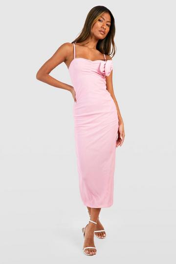 Pink Mesh Rose Detail Strappy Midi Dress