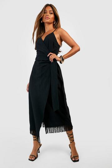 Black Tassel Linen Wrap Midi Dress