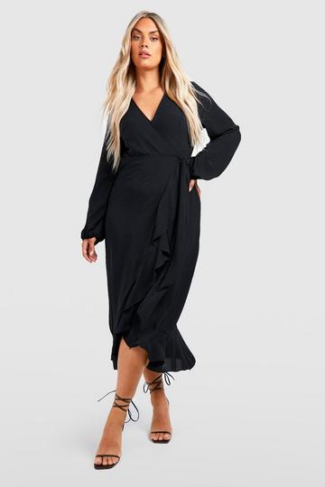 Plus Linen Look Ruffle Wrap Dress black