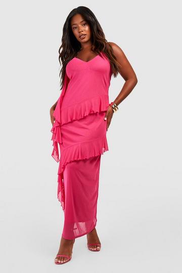 Magenta Pink Plus Mesh Ruffle Maxi Dress