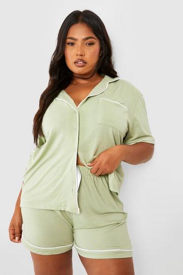 Sage Green Plus Button Through Jersey Pyjama Short Set