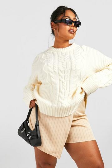 Plus High Neck Chunky Cable Knit cream