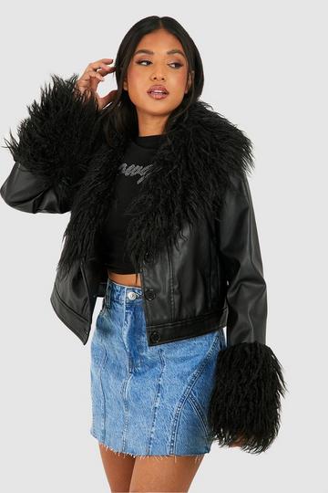 Black Petite Faux Fur Trim Crop Pu Waist Jacket