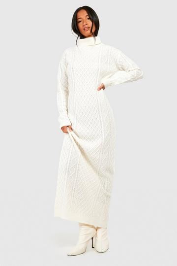 Petite Cable Turtleneck Maxi Sweater Dress ecru