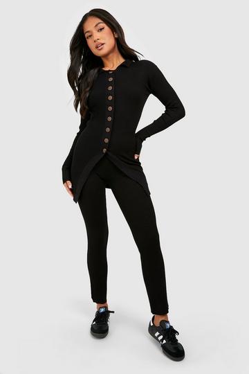 Petite Long Cardigan And Wide Leg Knitted Set black