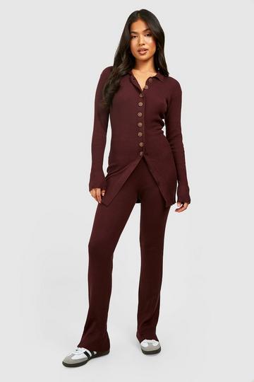 Petite Long Cardigan And Wide Leg Knitted Set chocolate