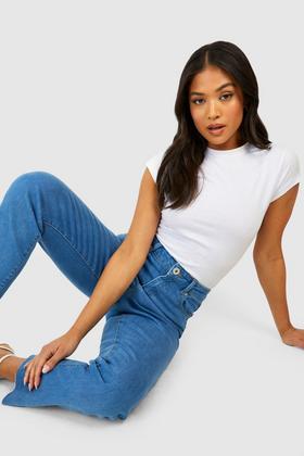 Women's Petite Two Tone High Waisted Straight Leg Jeans