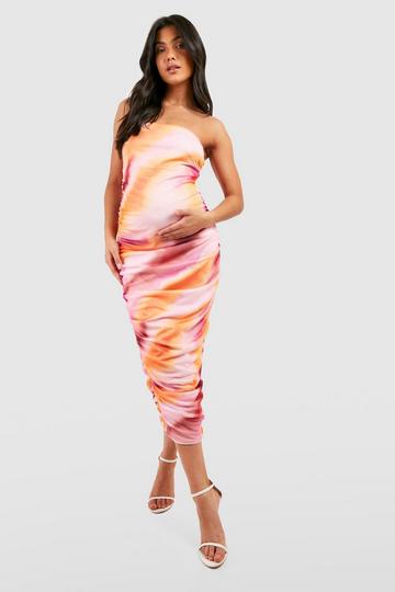 Maternity Bandeau Ruched Tie Dye Midi Dress pink