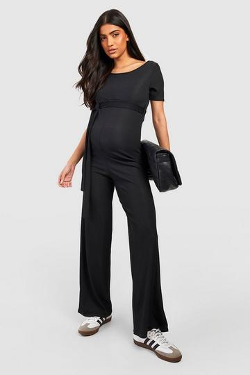 Maternity Short Sleeve Rib Tie Waist Jumpsuit black