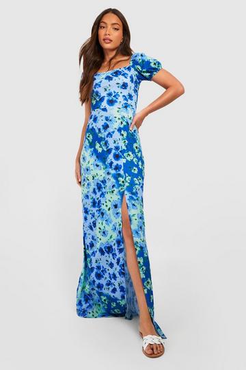 Tall Floral Puff Sleev Square Neck Split Side Maxi Dress blue
