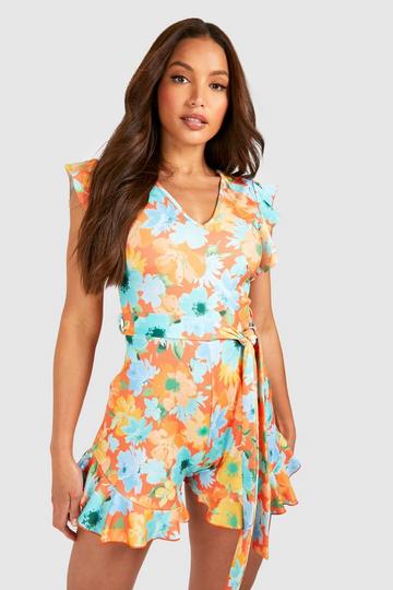 Orange Tall Floral Ruffle Plunge Belted Romper