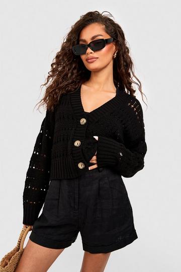 Black Crochet Button Through Crop Cardigan
