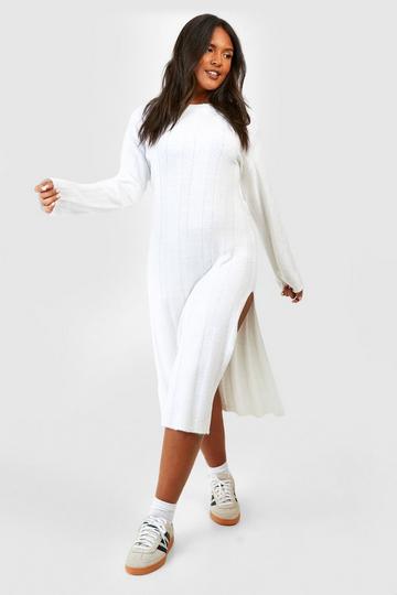 Plus Wide Rib Knitted Side Split Midaxi Dress white