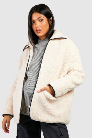 Cream White Maternity Contrast Detail Funnel Neck Teddy Jacket