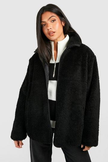 Black Maternity Zip Detail Faux Fur Teddy Waist Jacket