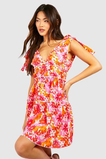 Woven Floral Tiered Smock Dress pink