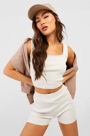 Stone Beige Ribbed Crop Top And Short Set