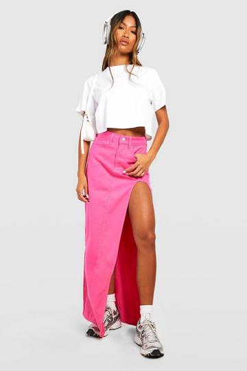 Pink Thigh Split Denim Maxi Skirt hot pink