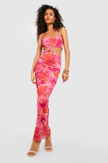 O Ring Cut Out Abstract Maxi Dress hot pink