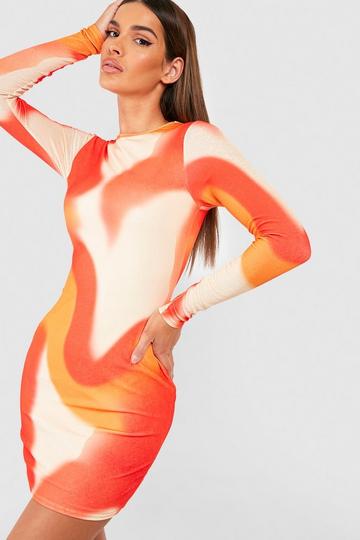 Abstract Long Sleeve Printed Mini Dress orange