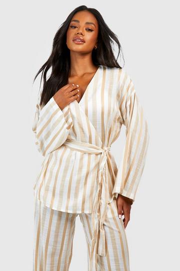 Linen Stripe Wrap Pyjama Shirt stone