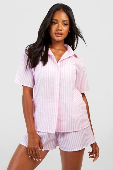 Cotton Pinstripe Oversized Short Sleeve Pajama Shirt pink