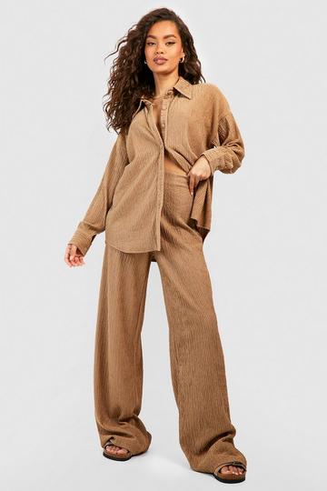 Sand Beige Crinkle Relaxed Fit Wide Leg Trousers