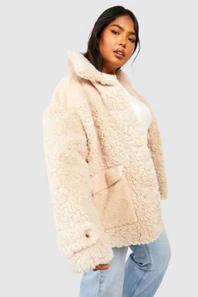 Boohoo Textured Belted Faux Fur Coat in White