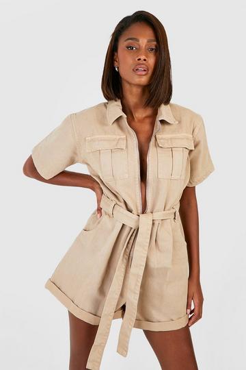 Belted Cargo Denim Playsuit taupe