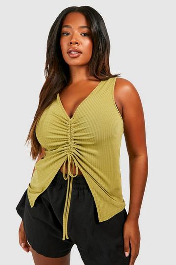 Plus Soft Rib Ruched Front Longline Top olive