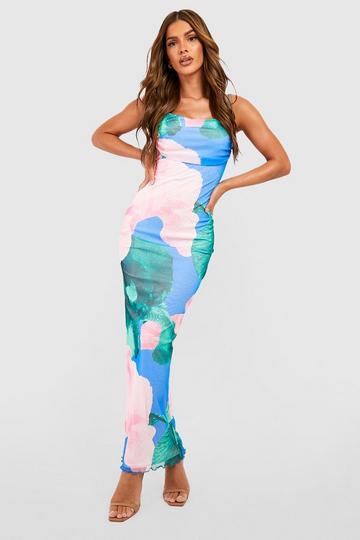Abstract Floral Print Mesh Maxi Slip Dress blue